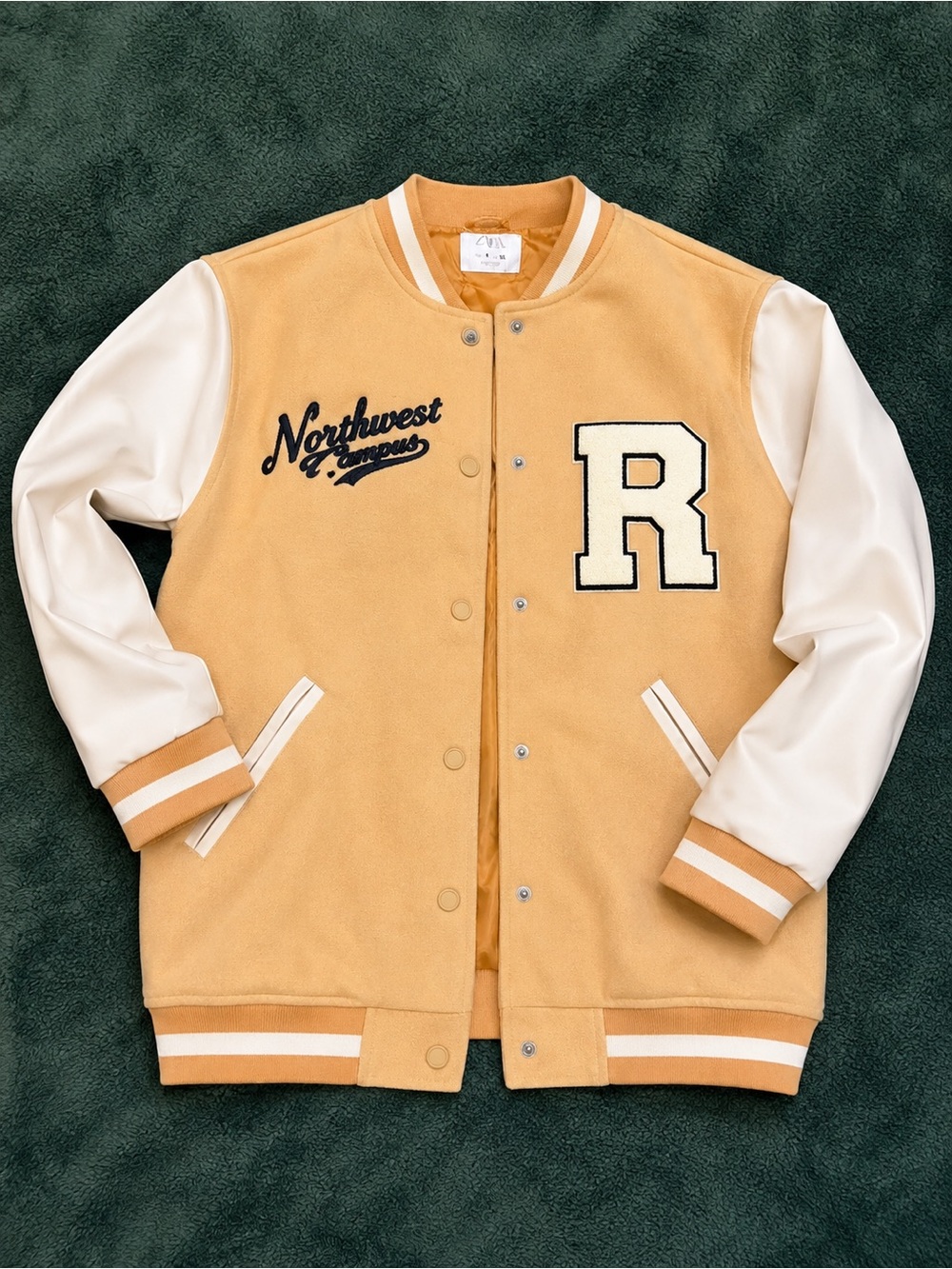 Zara Tan & Cream Varsity Bomber Jacket